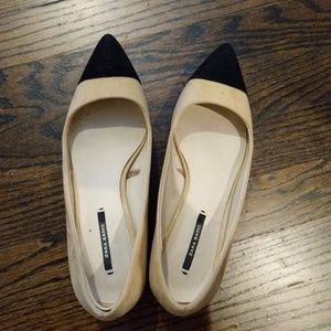 ZARA Suede Tan with Black Toe Low Block Heels